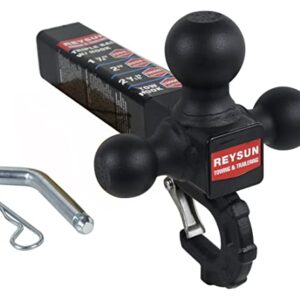 REYSUN Trailer Hitch Tri Ball Mount with Hook, Tactical Tow Hook, Fits 2 inch Hitch Receiver, Secure with Self-Lock Latch, Matt Black