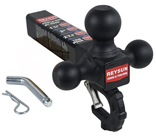 REYSUN Trailer Hitch Tri Ball Mount with Hook, Tactical Tow Hook, Fits 2 inch Hitch Receiver, Secure with Self-Lock Latch, Matt Black