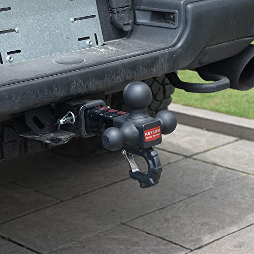 REYSUN Trailer Hitch Tri Ball Mount with Hook, Tactical Tow Hook, Fits 2 inch Hitch Receiver, Secure with Self-Lock Latch, Matt Black