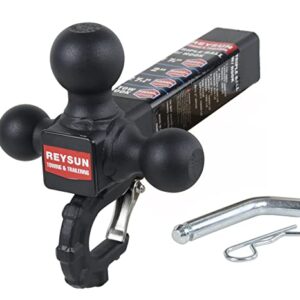 REYSUN Trailer Hitch Tri Ball Mount with Hook, Tactical Tow Hook, Fits 2 inch Hitch Receiver, Secure with Self-Lock Latch, Matt Black