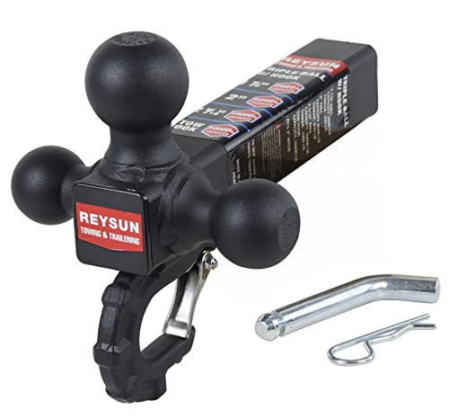 REYSUN Trailer Hitch Tri Ball Mount with Hook, Tactical Tow Hook, Fits 2 inch Hitch Receiver, Secure with Self-Lock Latch, Matt Black