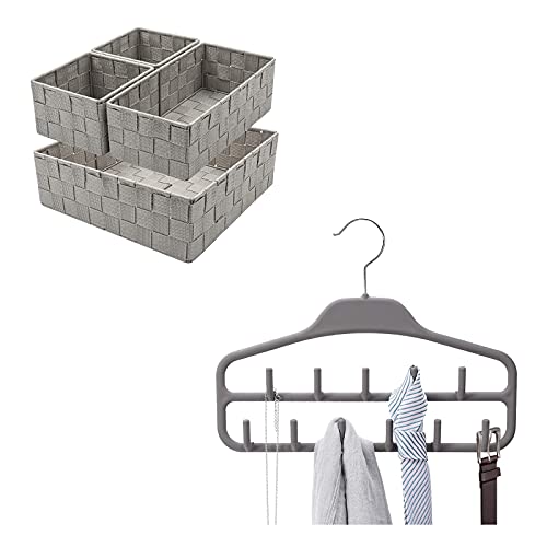 ELONG HOME Woven Storage Basket with Durable Metal Frame, Woven Strap Baskets for Organizing, Set of 4, and Sturdy Belt Organizer 360 Degree Swivel, 11 Large Sturdy Belt Hooks