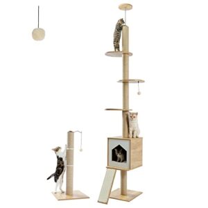 petepela cat tree floor-to-ceiling cat tower, cat activity center with free cat scratching post and cat condo, ramp ladder, multi-level platforms adjustable(94-102 inches) for indoor cats