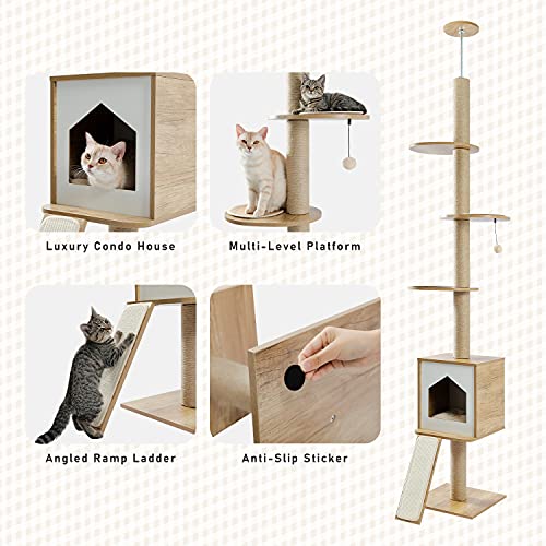 PETEPELA Cat Tree Floor-to-Ceiling Cat Tower, Cat Activity Center with Free Cat Scratching Post and Cat Condo, Ramp Ladder, Multi-Level Platforms Adjustable(94-102 Inches) for Indoor Cats