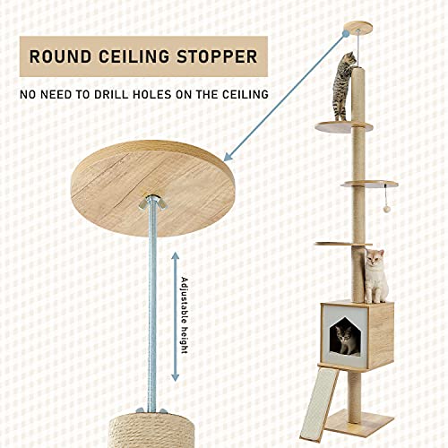 PETEPELA Cat Tree Floor-to-Ceiling Cat Tower, Cat Activity Center with Free Cat Scratching Post and Cat Condo, Ramp Ladder, Multi-Level Platforms Adjustable(94-102 Inches) for Indoor Cats