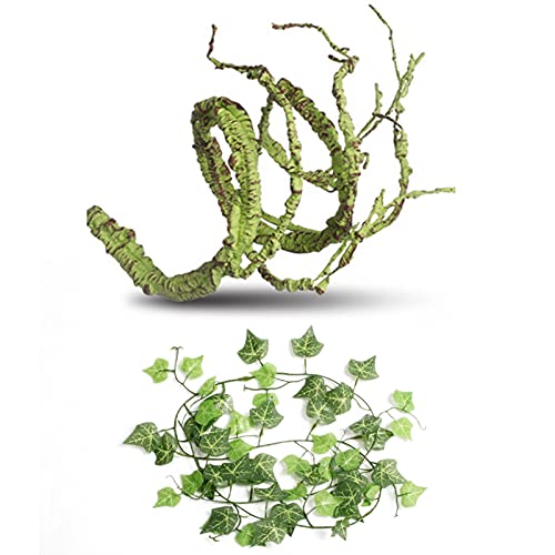 Artificial Bendable Jungle Vines Plants Greenery Bearded Dragon Leopard Crested Gecko Chameleon Lizard Snake Tank Cage Accessories, Plastic Reptile Terrarium Habitat Climbing Leaves Decor for Iguana