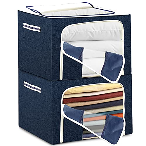 2-Pack Clothes Storage Container Set - Homlab 72L x 2 Closet Organizer Boxes With Steel Frame, Foldable Large Blanket Bins, Thick Oxford Fabric, Waterproof, Clear Window, Reinforced Handle, Zipper (Blue)