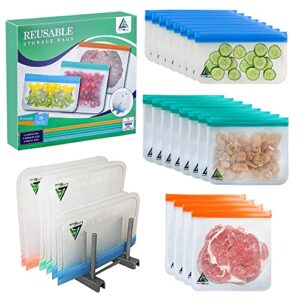 latest sense reusable storage bags, bpa-free – 20 pack reusable sandwich bags with drying rack – eco-friendly ziplock storage bags for food, snacks, lunch – leakproof reusable freezer bags