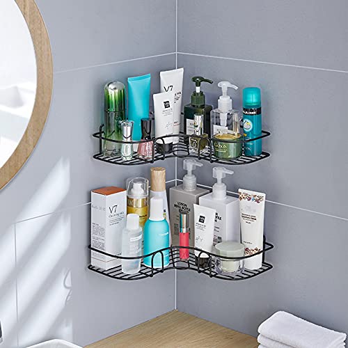 HengLiSam 2Pack Corner Shower Caddy Shelf, Wall Mounted Shower Bathroom Shelf with 4 Pack Adhesives, Storage Organizer for Bathroom, Kitchen, Laundry, Only for 90 Degrees Right Angle (Black)