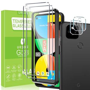 4 pack ursoq 2 pcs screen protector + 2 pcs camera lens protector compatible with google pixel 5a (6.3inch), case friendly, anti-scratch, bubble free, hd clear, 9h hardness tempered glass