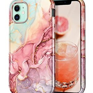 CASEFIV Compatible with iPhone 11 Case,Marble Pattern 3 in 1 Heavy Duty Shockproof Full Body Rugged Hard PC+Soft Silicone Drop Protective Women Girls Cover for iPhone 11 6.1 inch, Rose Gold