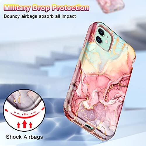 CASEFIV Compatible with iPhone 11 Case,Marble Pattern 3 in 1 Heavy Duty Shockproof Full Body Rugged Hard PC+Soft Silicone Drop Protective Women Girls Cover for iPhone 11 6.1 inch, Rose Gold