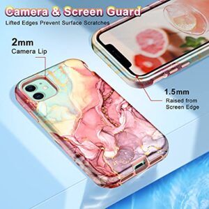 CASEFIV Compatible with iPhone 11 Case,Marble Pattern 3 in 1 Heavy Duty Shockproof Full Body Rugged Hard PC+Soft Silicone Drop Protective Women Girls Cover for iPhone 11 6.1 inch, Rose Gold