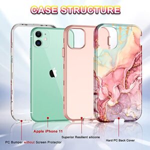 CASEFIV Compatible with iPhone 11 Case,Marble Pattern 3 in 1 Heavy Duty Shockproof Full Body Rugged Hard PC+Soft Silicone Drop Protective Women Girls Cover for iPhone 11 6.1 inch, Rose Gold