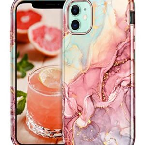 CASEFIV Compatible with iPhone 11 Case,Marble Pattern 3 in 1 Heavy Duty Shockproof Full Body Rugged Hard PC+Soft Silicone Drop Protective Women Girls Cover for iPhone 11 6.1 inch, Rose Gold