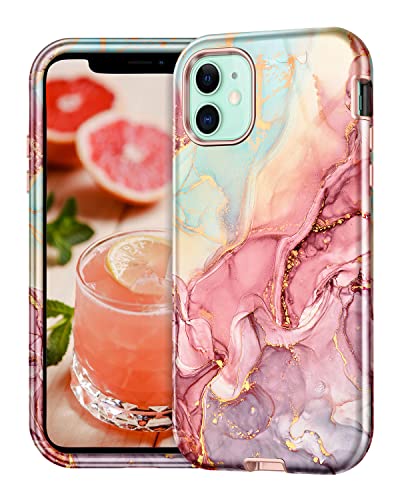 CASEFIV Compatible with iPhone 11 Case,Marble Pattern 3 in 1 Heavy Duty Shockproof Full Body Rugged Hard PC+Soft Silicone Drop Protective Women Girls Cover for iPhone 11 6.1 inch, Rose Gold