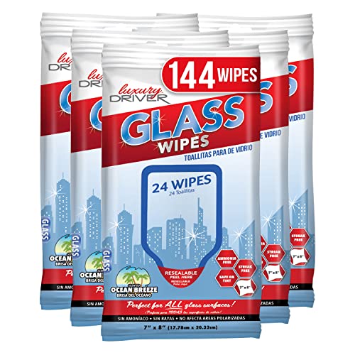 Car Glass Cleaner Wipes for Car interior Cleaning for Glass Wipes for Car Windows for Windshield for Glasses or Mirrors, Kitchen, Home and Auto by Luxury Driver - Ocean Breeze (6 Resealable Packs)