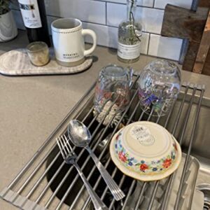 Abigail and Grey Over The Sink Drying Rack Minimalist Roll Up Drying Rack with Premium Metal Strainer Tines - Bonus Flour Sack Kitchen Towel