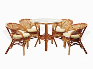 5-pc pelangi rattan wicker dining set with round table glass top + 4 arm chairs, colonial color