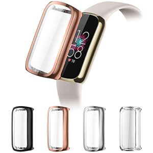 cavn 4-pack screen protector case compatible with fitbit luxe, tpu protective screen cover saver bumper for luxe smartwatch replacement accessories (black/clear/silver/rose gold)