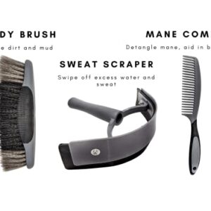 Rugged Horse Grooming Kit - Seven Piece Grooming Kit for Horses. Contains Horse Brushes, Hoof Pick, Sweat Scraper and Grooming Tote