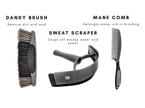 Rugged Horse Grooming Kit - Seven Piece Grooming Kit for Horses. Contains Horse Brushes, Hoof Pick, Sweat Scraper and Grooming Tote