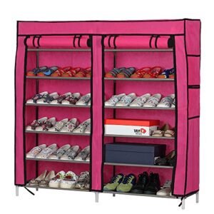 qjing boot shoe rack storage for closet, 6 row 2 line/dual rows 12 lattices shoe rack organizer, with non-woven fabric cover,durable and stable，save space,l42.1 x w11.61 x h45.3 (wine red)