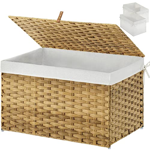 Greenstell Storage Basket with Lid, Handwoven Large Shelf Basket with Cotton Liner and Metal Frame, Foldable & Easy to Install, Storage Box Basket with Handle for Bedroom, Laundry Room Natural 105L