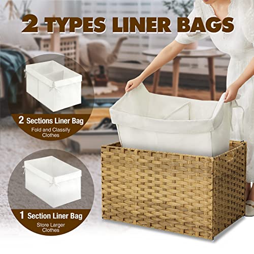 Greenstell Storage Basket with Lid, Handwoven Large Shelf Basket with Cotton Liner and Metal Frame, Foldable & Easy to Install, Storage Box Basket with Handle for Bedroom, Laundry Room Natural 105L