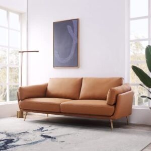 acanva mid-century modern 3-seat living room couch, vegan leather sofa, pecan brown