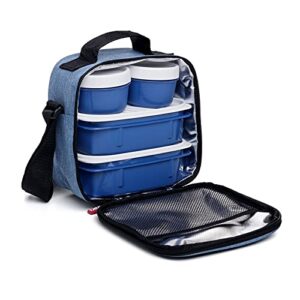 insulated lunch bag with containers, thermal lined lunch box for men/women reusable leak proof containers for work school travel and beach denim blue small lunch bag with adjustable strap