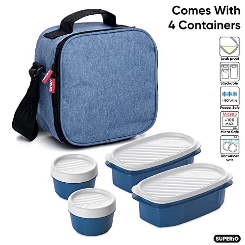 Insulated Lunch Bag with Containers, Thermal Lined Lunch Box for Men/Women Reusable Leak Proof Containers for Work School Travel and Beach Denim Blue Small Lunch Bag with Adjustable Strap