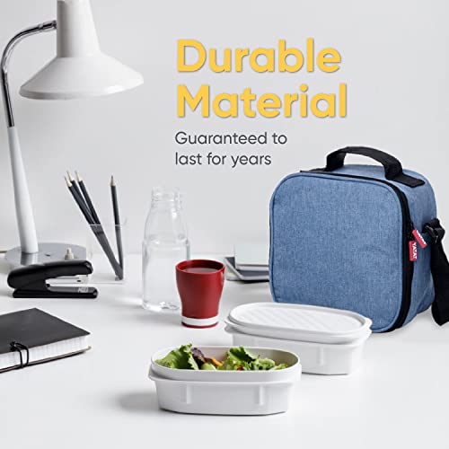 Insulated Lunch Bag with Containers, Thermal Lined Lunch Box for Men/Women Reusable Leak Proof Containers for Work School Travel and Beach Denim Blue Small Lunch Bag with Adjustable Strap