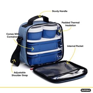 Insulated Lunch Bag with Containers, Thermal Lined Lunch Box for Men/Women Reusable Leak Proof Containers for Work School Travel and Beach Denim Blue Small Lunch Bag with Adjustable Strap