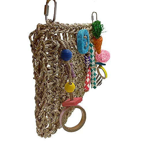 GILYGI 16.5×8.3 Inches Bird Foraging Wall Toys, Parrot Seagrass Woven Mat with Colorful Chewing Toys, Bird Activity Wall Toy for Conures Cockatiels African Grey Amazon Medium and Large Parrots