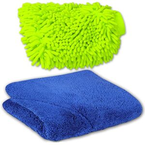 large car wash mitt, microfiber auto detailing towel cleaning cloth rag (1 large car detailing mitt and 1 large drying towel, green, blue)