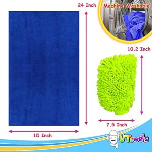 Large Car Wash Mitt, Microfiber Auto Detailing Towel Cleaning Cloth Rag (1 Large Car Detailing Mitt and 1 Large Drying Towel, Green, Blue)