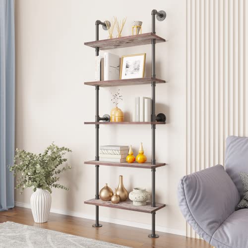 Yuanshikj 5 Tier Industrial Pipe Solid Wood Ladder Shelf/Shevles/Shelving Bookshelf/Bookcase Retro Metal Iron Pipes Wood Planks Rustic Display Wall Mounted for Collection Living Room Decor Storage