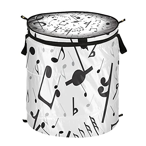 Black Music Notes Pop Up Laundry Hamper With Zipper Lid Foldable Laundry Basket With Handles Collapsible Storage Basket Clothes Organizer for Travel Kids Room