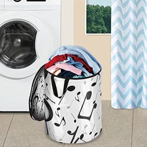 Black Music Notes Pop Up Laundry Hamper With Zipper Lid Foldable Laundry Basket With Handles Collapsible Storage Basket Clothes Organizer for Travel Kids Room