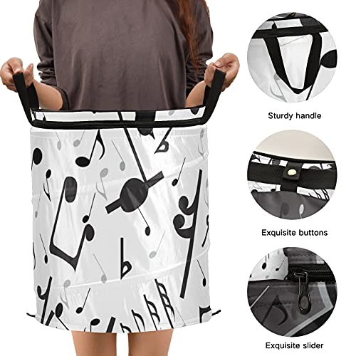 Black Music Notes Pop Up Laundry Hamper With Zipper Lid Foldable Laundry Basket With Handles Collapsible Storage Basket Clothes Organizer for Travel Kids Room