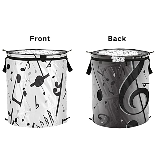 Black Music Notes Pop Up Laundry Hamper With Zipper Lid Foldable Laundry Basket With Handles Collapsible Storage Basket Clothes Organizer for Travel Kids Room