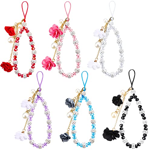 6 Pieces Cell Phone Straps Crystal Flower Pendant Mobile Phone Lanyard Beads Chain Anti-Lost and Non-Slip Mobile Phone Strap Charm for Keychain Camera U Disks Handbag Decoration Accessories