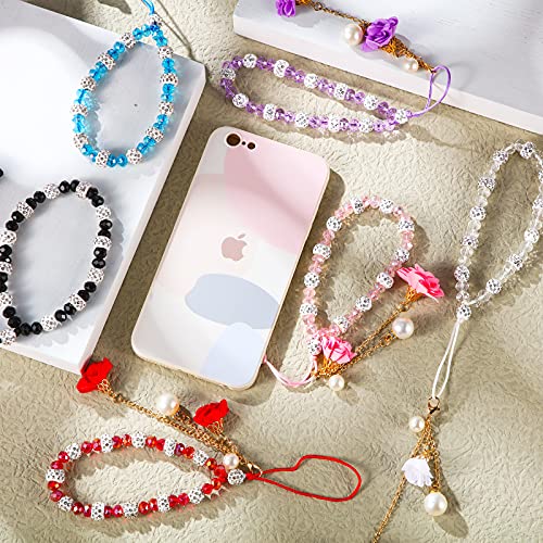 6 Pieces Cell Phone Straps Crystal Flower Pendant Mobile Phone Lanyard Beads Chain Anti-Lost and Non-Slip Mobile Phone Strap Charm for Keychain Camera U Disks Handbag Decoration Accessories