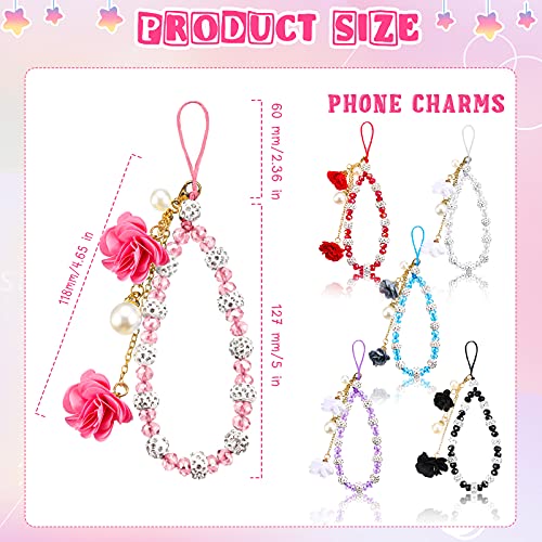 6 Pieces Cell Phone Straps Crystal Flower Pendant Mobile Phone Lanyard Beads Chain Anti-Lost and Non-Slip Mobile Phone Strap Charm for Keychain Camera U Disks Handbag Decoration Accessories