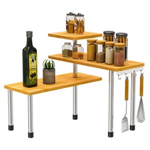 ZHWS Kitchen Countertop Organizer Corner Shelf - 3 Tier Bathroom Storage Display Counter Shelves Bamboo Spice Rack Desk Bookshelf with Hooks