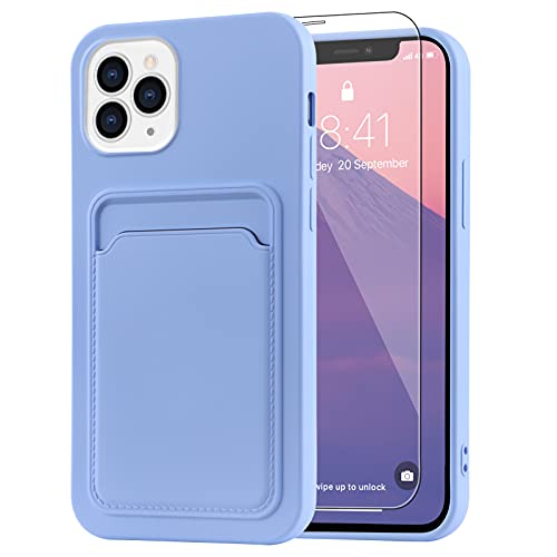 MZELQ Compatible with iPhone 13 Pro (6.1 inch) Case, Card Holder Camera Protection Cover for iPhone 13 Pro + Screen Protector, Card Slot Designed for iPhone 13 Pro Phone Case -Purple