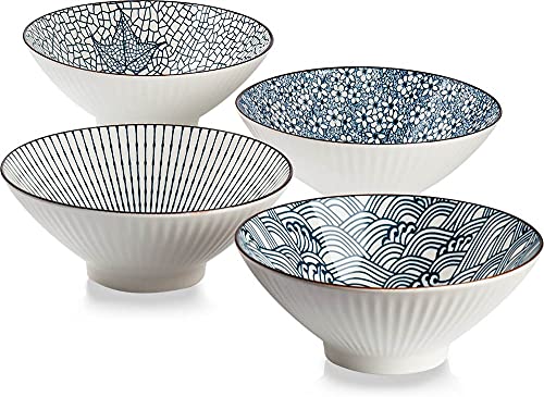 QINLANG 38 oz Japanese Ramen Bowls, Cereal Bowls, Soup Bowls, Pho Bowls, Noodle Bowls, Blue and White Ceramic Bowls Set of 4, 8 inches