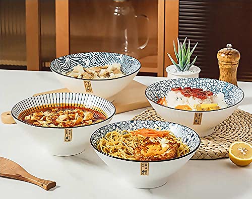 QINLANG 38 oz Japanese Ramen Bowls, Cereal Bowls, Soup Bowls, Pho Bowls, Noodle Bowls, Blue and White Ceramic Bowls Set of 4, 8 inches