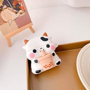 Cute Airpod Case Cover, Boba Tea Cow Airpods Case 3D Cartoon Funny Food Design Soft Silicone Protective Airpods 2 & 1 Charging Case Cover with keychain for Airpods 1st Generation/2nd Generation-6 in 1